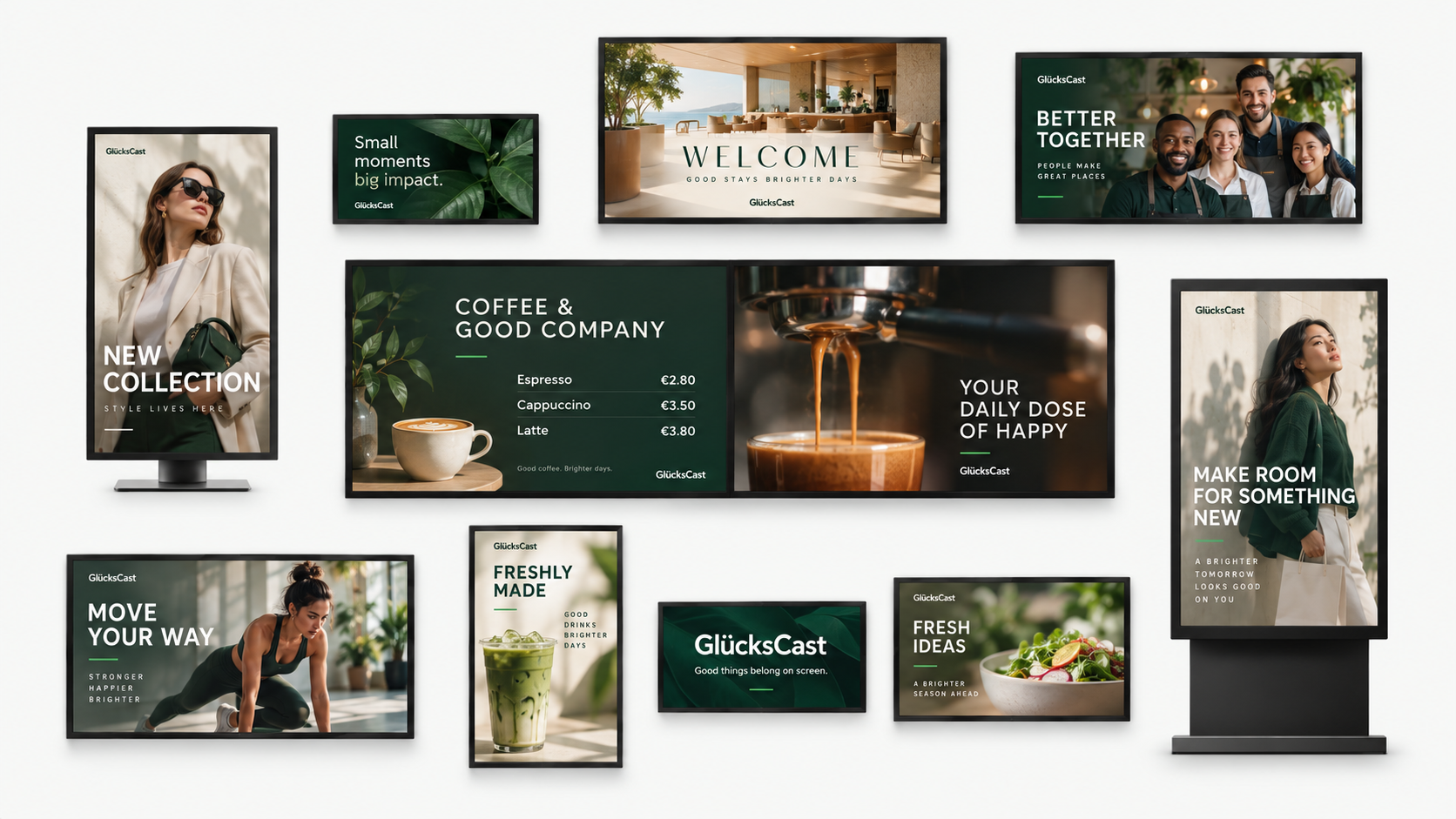 GlücksCast digital signage displays showing retail promotions, café menus, gym content, welcome messages, and team announcements