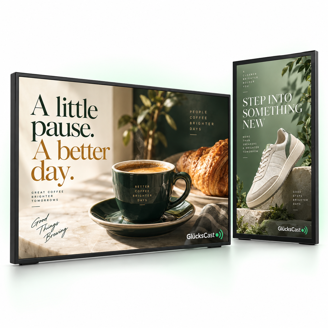 Landscape and portrait GlücksCast displays showing coffee and retail advertisements