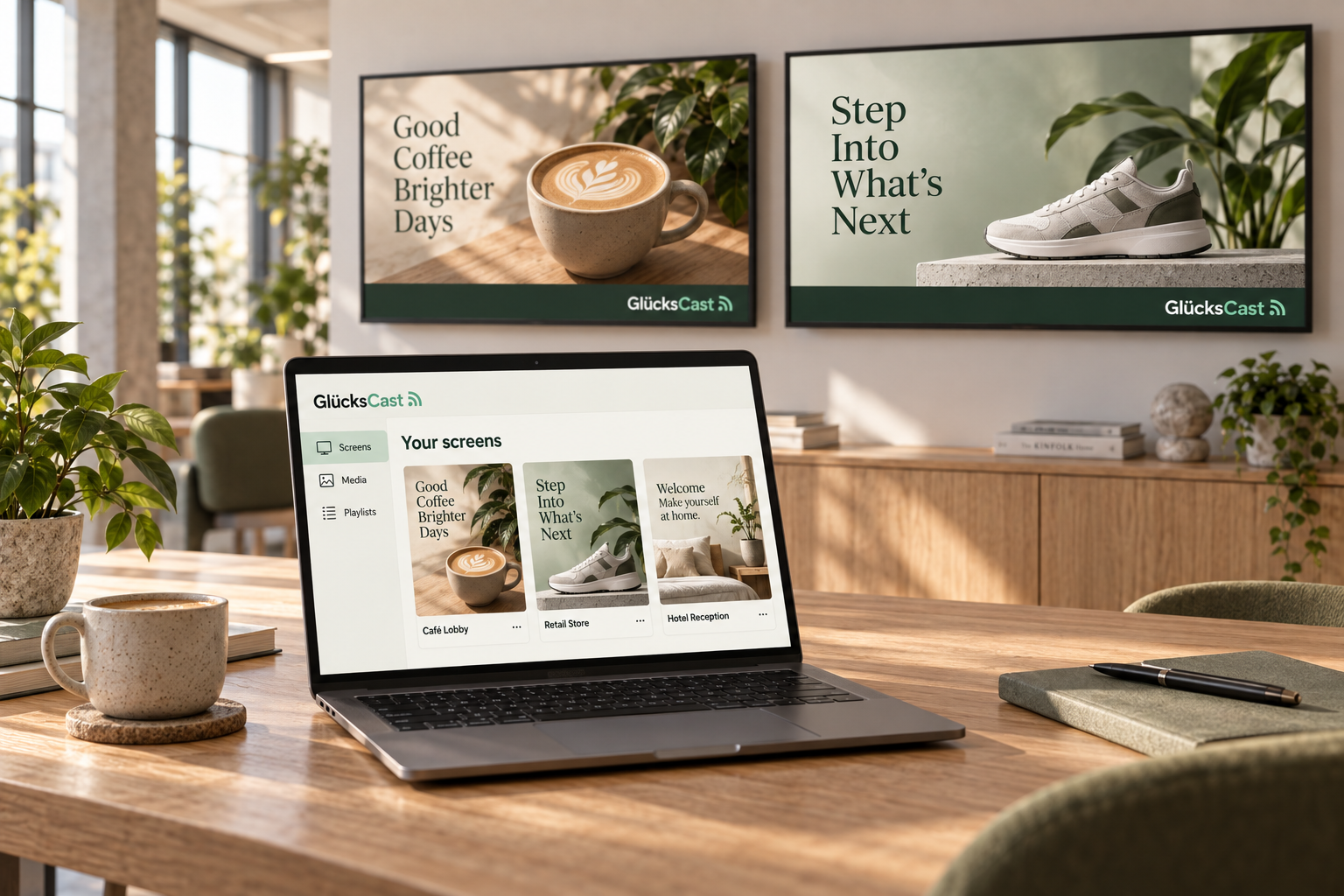Illustrative GlücksCast workspace with a laptop organizing café, retail and hotel content alongside branded signage screens