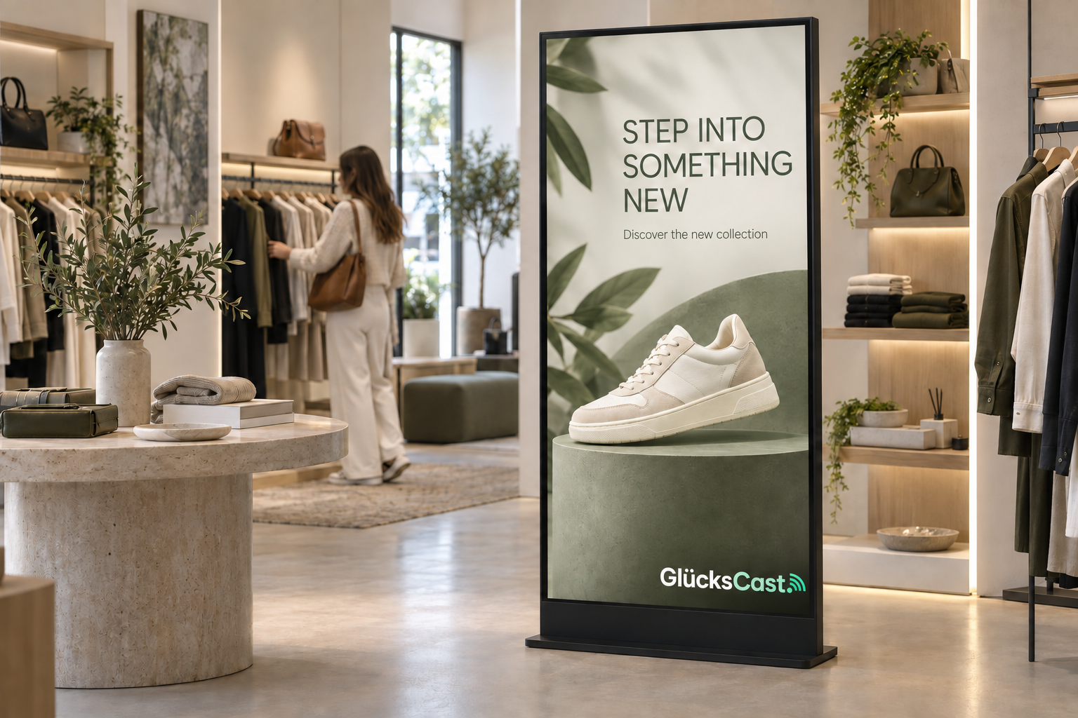 Retail showroom with a digital sneaker advertisement and the GlücksCast logo at the bottom right of the screen